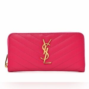 New Never Used Yves Saint Laurent Pink Fuchsia Quilted Leather Wallet